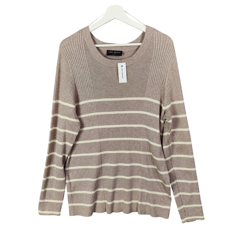 Lane Bryant Women Preppy Coastal Sweater 26/28 Beige Striped Ribbed Knit NEW